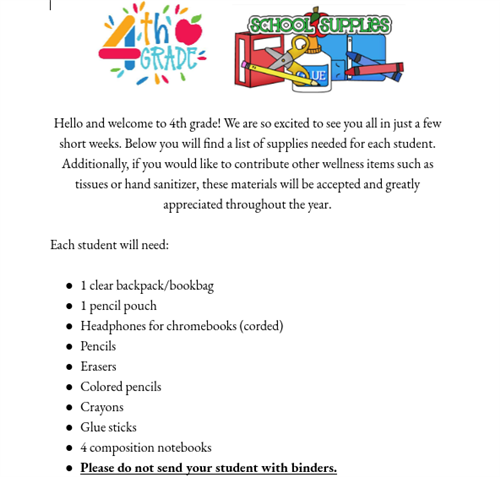 4th Grade Supplies List